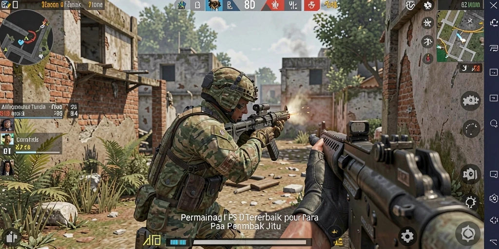 Screenshot gameplay 8ID menampilkan aksi tembak menembak yang intens di arena.