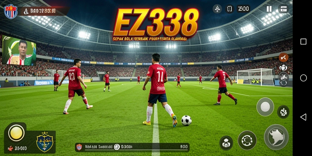 Tampilan gameplay EZ338 dengan aksi seru di lapangan sepak bola.
