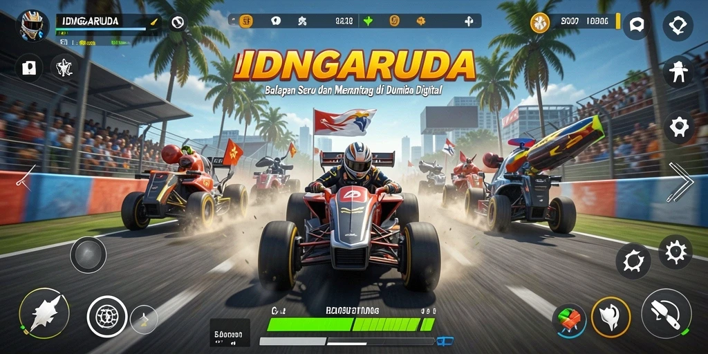Screenshot gameplay IDNGARUDA menampilkan aksi balapan yang mendebarkan.