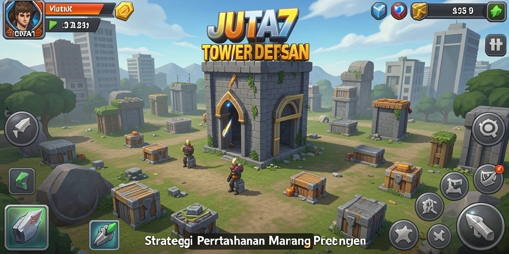 Gameplay JUTA7 dengan menara dan musuh yang menegangkan.