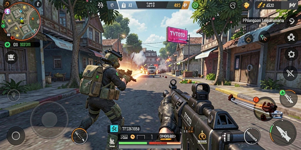 Screenshot gameplay TVTOTO memperlihatkan aksi tembak menembak yang mendebarkan.